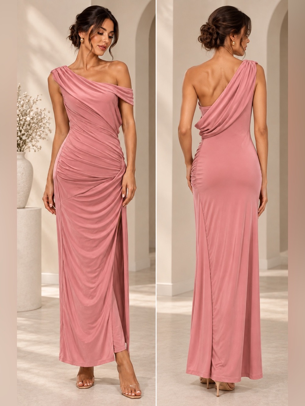 Windsor Pink One Shoulder Ruched Maxi Dress S